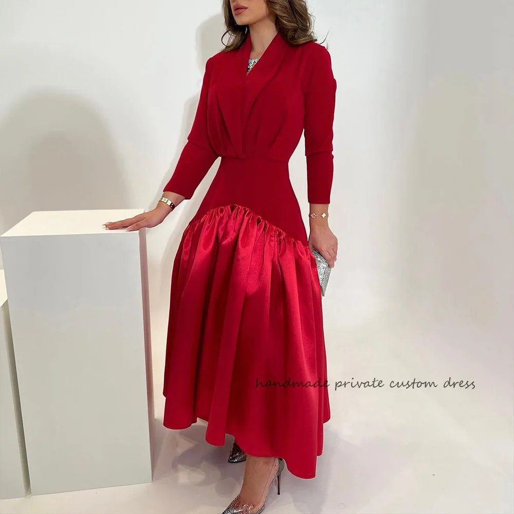 

Burgundy Long Sleeve Saudi Arabic Evening Dresses V Neck Spandex Satin A Line Dubai Prom Party Dress Tea Length Formal Gown