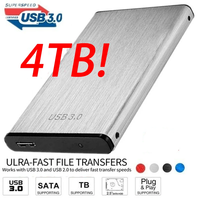 Портативный внешний жесткий диск 4 ТБ USB3.0 HDD 2,5 дюйма 1 ТБ, жесткий диск, устройства для хранения для настольного ноутбука
Портативный внешний жесткий диск 4 ТБ USB3.0 HDD 2,5 дюйма 1 ТБ, жесткий диск, устройства для хранения для настольного ноутбука