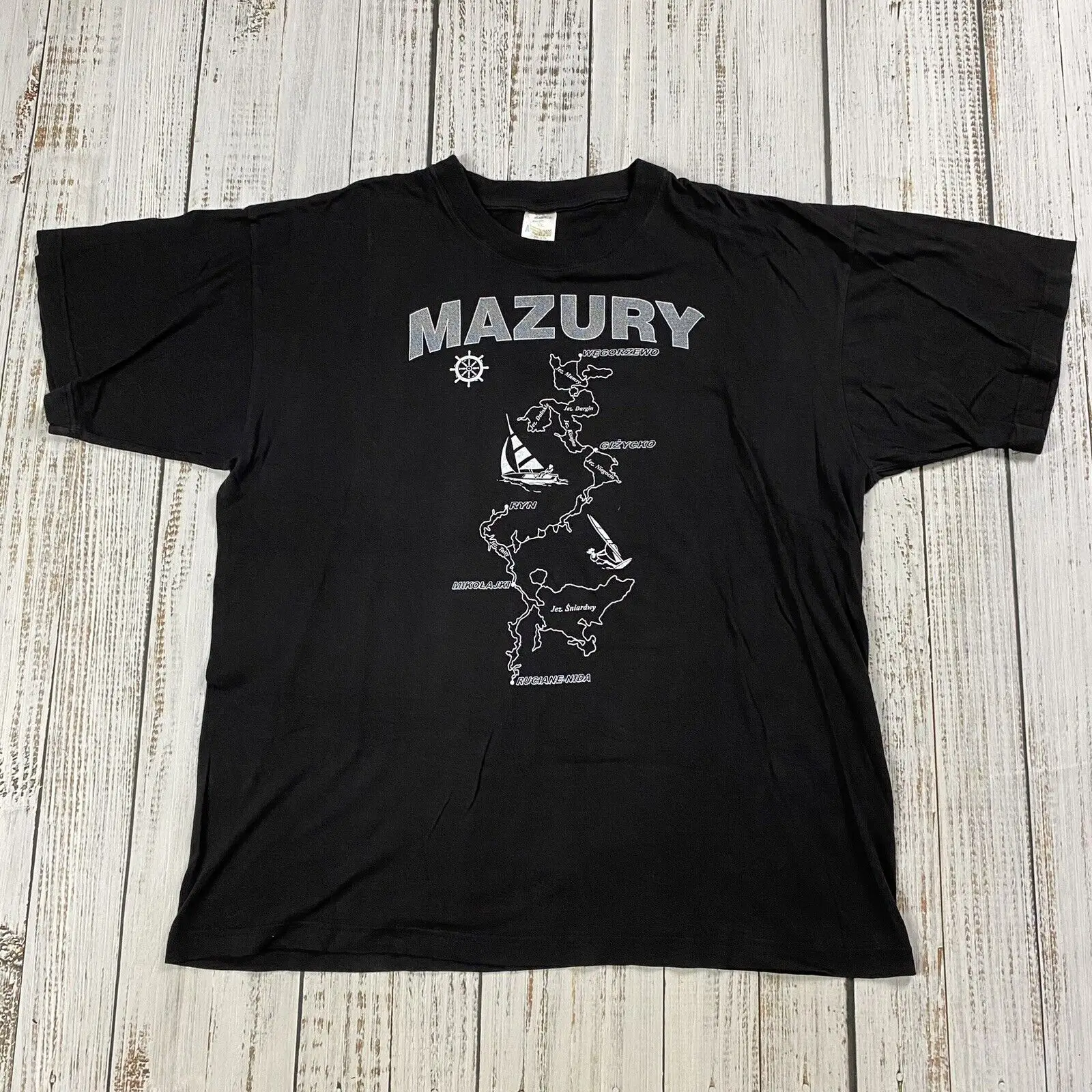 VTG 90S MAZURY Польша рубашка MASURIAN LAKE GRAPHIC футболка Черная Мужская XXL хлопок