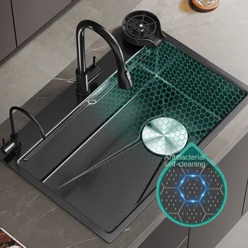 Stainless Steel Kitchen Sink Pull Out Faucet Nano Black Multifuctional Honeycomb Large Single Bowl Vegetable Washing Basin