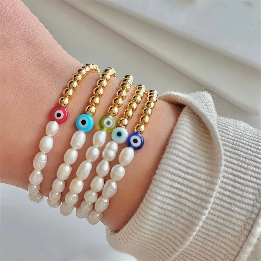 

Natural Freshwater Pearl Gold Color Copper Beads Glass Turkish Evil Eye Bracelet For Women Wrist Jewelry Gift