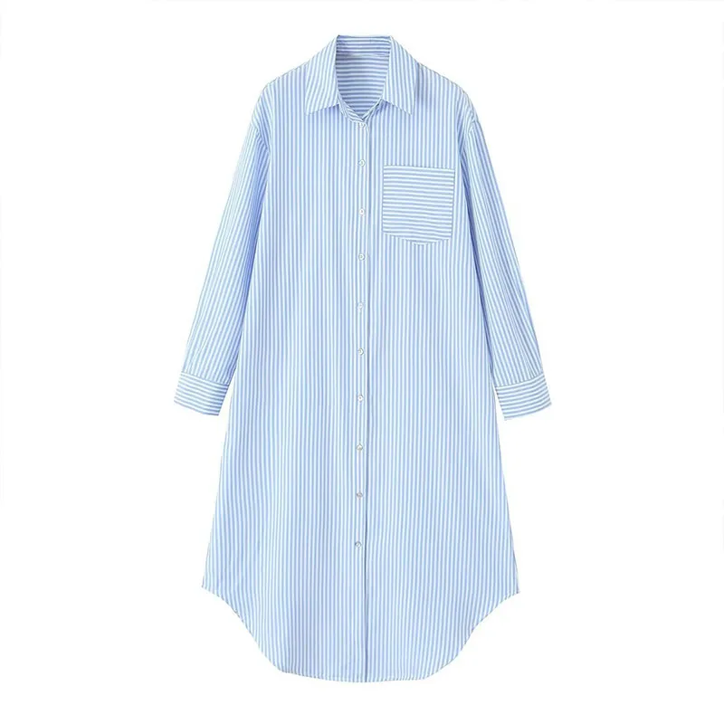Summer Women's 2023 New Casual Single-Breasted Striped Long-Sleeved Shirt Blue Dress Loose 
Summer Women's 2023 New Casual Single-Breasted Striped Long-Sleeved Shirt Blue Dress Loose