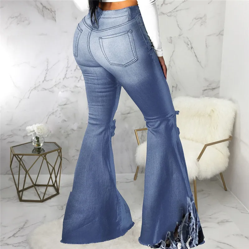 

Solid Cut Out Hole Ripped Jeans High Waist Tassels Plus Size Trousers 2021 Vintage Skinny Flared Denim Pants Women Streetwear