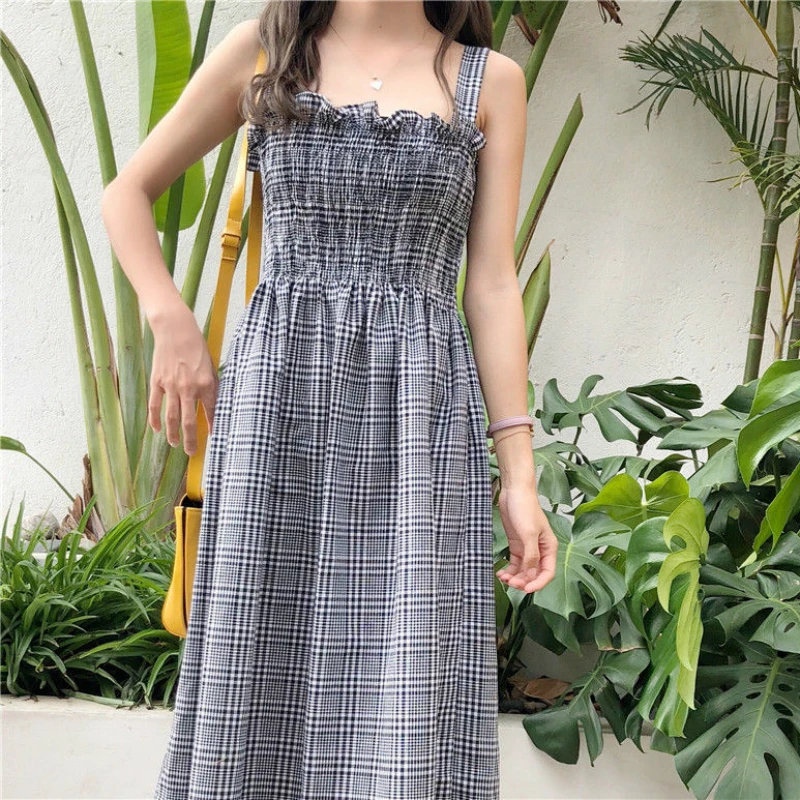 Dress Sleeveless Slash Neck Plaid Sweet Kawaii Simple Elegant A-line Leisure Fashion Womens Korean Style Sexy Slim Summer New
Dress Sleeveless Slash Neck Plaid Sweet Kawaii Simple Elegant A-line Leisure Fashion Womens Korean Style Sexy Slim Summer New