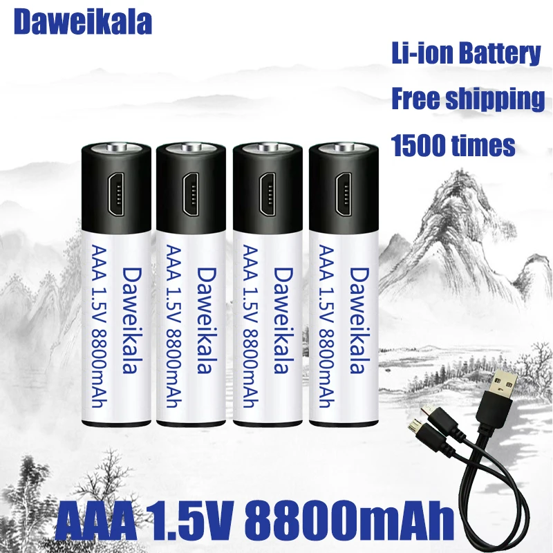High Capacity 1.5V AAA 8800 MWh USB Rechargeable Li-ion Battery for Remote Control Mouse Small Fan Electric Toy Battery + Cable
High Capacity 1.5V AAA 8800 MWh USB Rechargeable Li-ion Battery for Remote Control Mouse Small Fan Electric Toy Battery + Cable