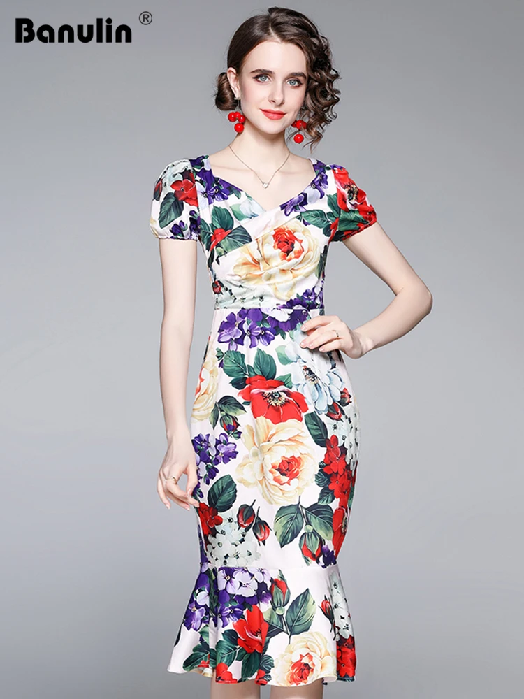 Runway Rose Floral Ruffles Mermaid Dress Women's Ruched V-Neck Puff Sleeve Flower Print Female Bodycon Beach Dress N1391
Runway Rose Floral Ruffles Mermaid Dress Women's Ruched V-Neck Puff Sleeve Flower Print Female Bodycon Beach Dress N1391