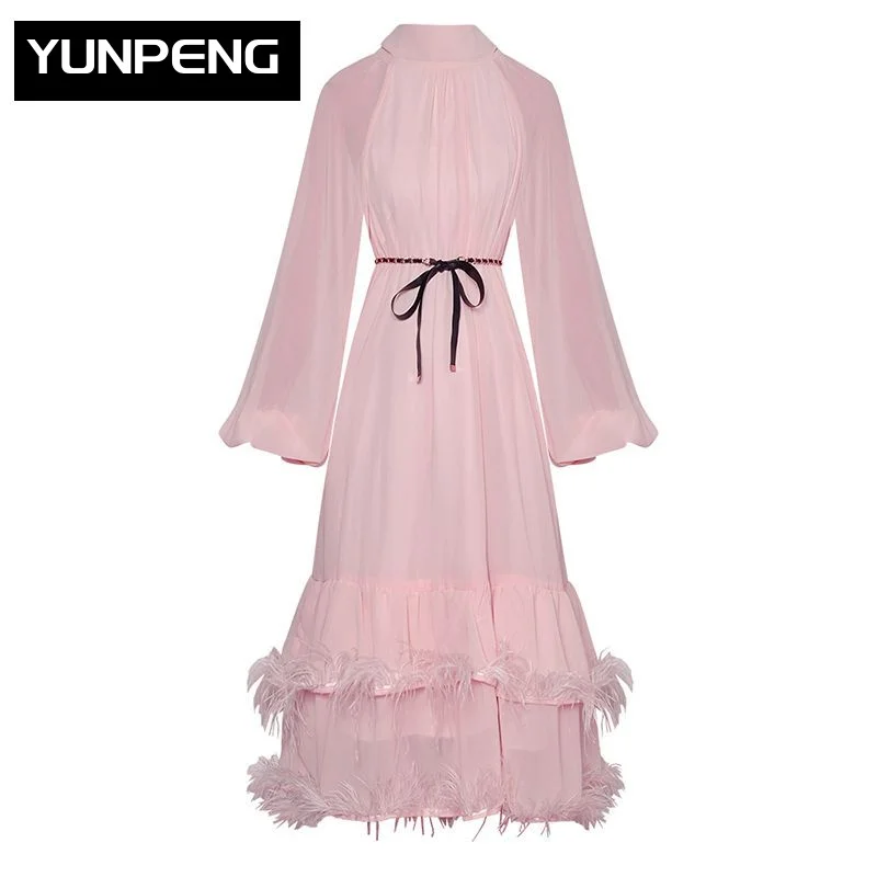 Summer Loose Dress Stand Collar Lantern Sleeve Feathers Patchwork Belt Vintage Midi Dresses For Women 2023 Runway Luxury Brand
Summer Loose Dress Stand Collar Lantern Sleeve Feathers Patchwork Belt Vintage Midi Dresses For Women 2023 Runway Luxury Brand