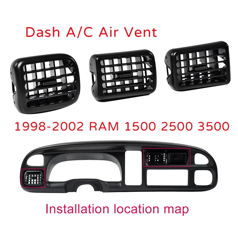 

Обогреватель кондиционера, ободок, вентиляционная решетка, приборная панель A/C, выход для 1998-2002 Dodge Ram 1500 2500 3500 (3 шт.)