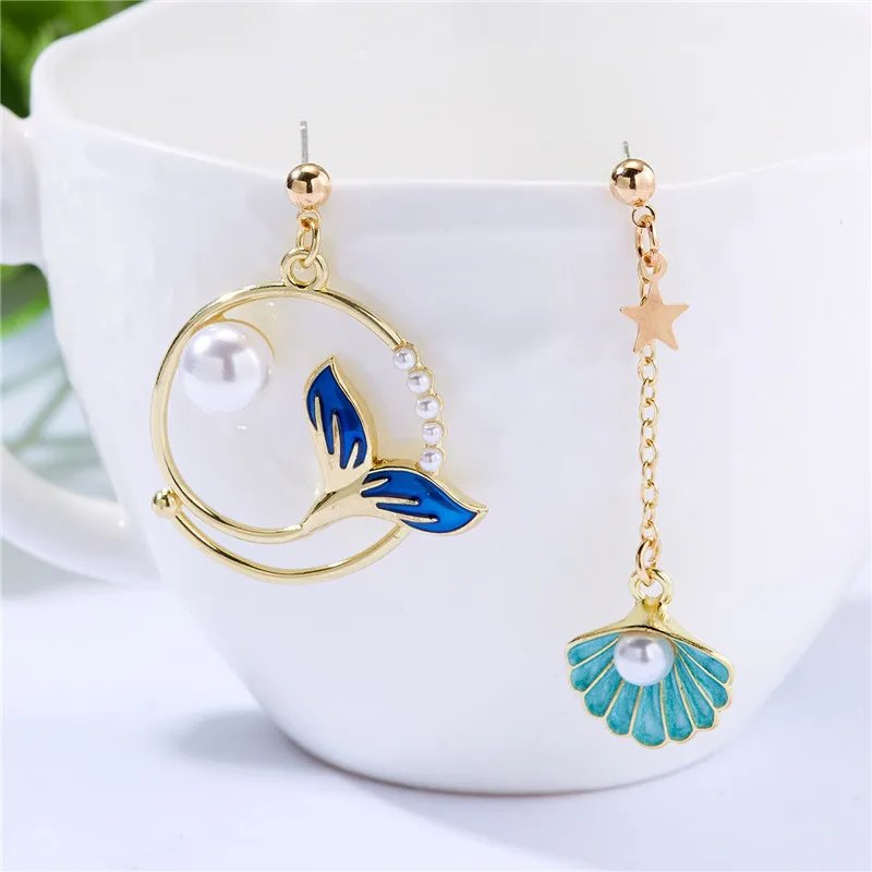 

Korean Temperament Fishtail Imitation Pearl Tassel Earrings For Women Fashion Sweet Cat Flower Asymmetry Earring Party Jewelry