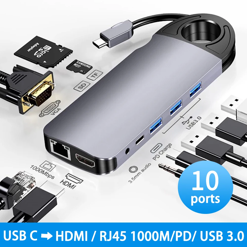 10 Port USB C HUB to 4K HDMI-Compatible RJ45 1000M VGA TF/SD 3.5MM AUX Type C Adapter Docking Station Laptop PC Accessories
10 Port USB C HUB to 4K HDMI-Compatible RJ45 1000M VGA TF/SD 3.5MM AUX Type C Adapter Docking Station Laptop PC Accessories