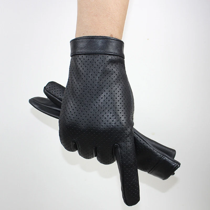

Fashion Women's Spring Thin Rayon Lining Leather Perforated Style Black Breathable Female Sheepskin Driving Gloves S3492