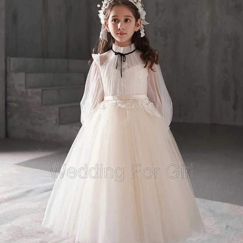 

Ivory 0-16 Years Old Vintage Flower Girl Dress For Wedding Sheer Long Sleeve High Neck Puffy Kids First Communion Princess Gown