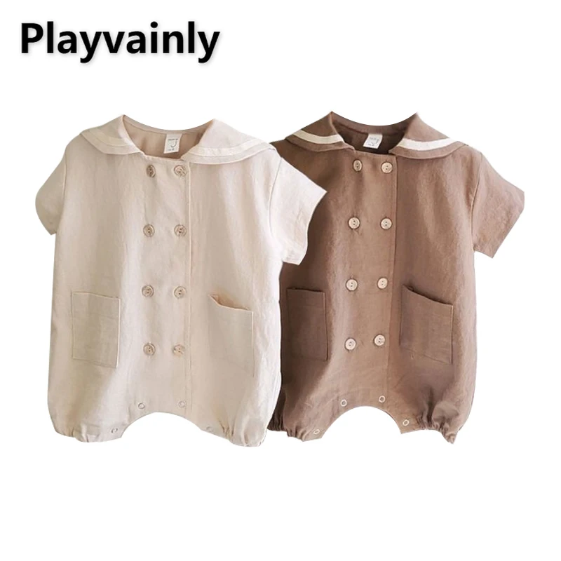 Korean Style Summer Clothes for Baby Boy Girl Romper Beige Coffee Navy Collar Double-breasted Jumpsuit Children Clothes E1138
Korean Style Summer Clothes for Baby Boy Girl Romper Beige Coffee Navy Collar Double-breasted Jumpsuit Children Clothes E1138
