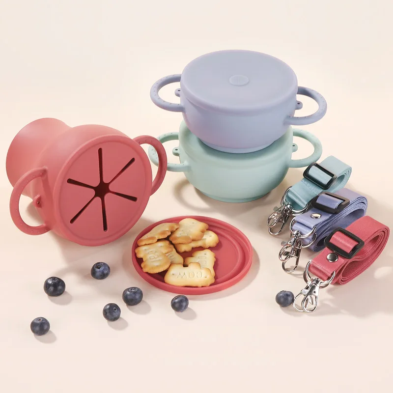 

Maternal and child products silicone folding snack cup with straw handle feeding tableware set