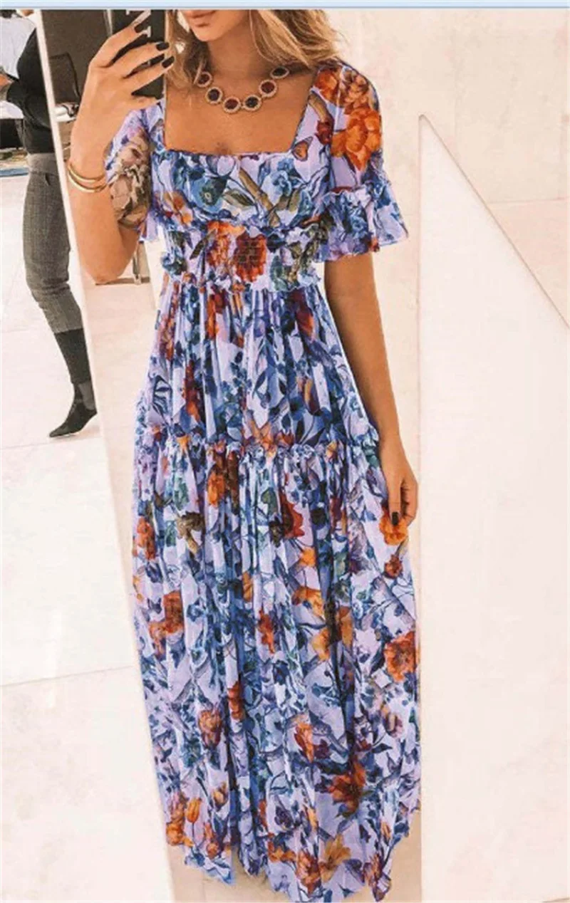 Summer 2022 Beach Dress Women Casual Short Sleeve Square Collar Elastic Waist High Waist Bohemian Floral Print Maxi Dress
Summer 2022 Beach Dress Women Casual Short Sleeve Square Collar Elastic Waist High Waist Bohemian Floral Print Maxi Dress