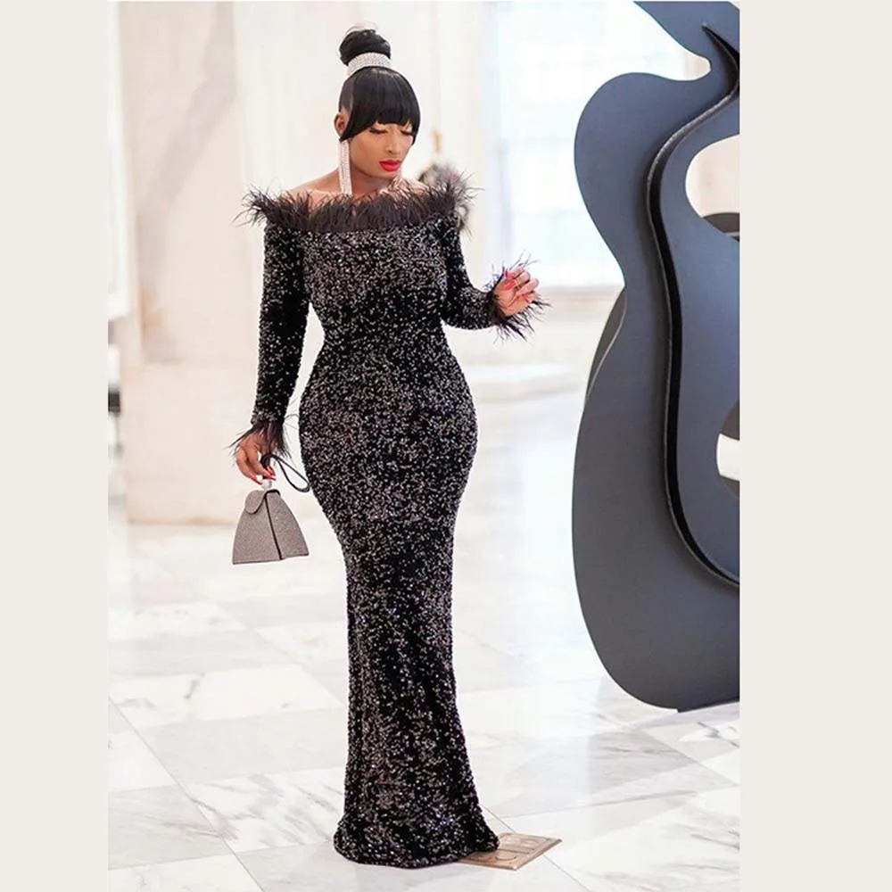 2022 Women Fashion Dress Shoulder Off Festher Sequins Patchwork Slim Pullover Long Sleeve Western Style Ladies Prom A-line Dress
2022 Women Fashion Dress Shoulder Off Festher Sequins Patchwork Slim Pullover Long Sleeve Western Style Ladies Prom A-line Dress