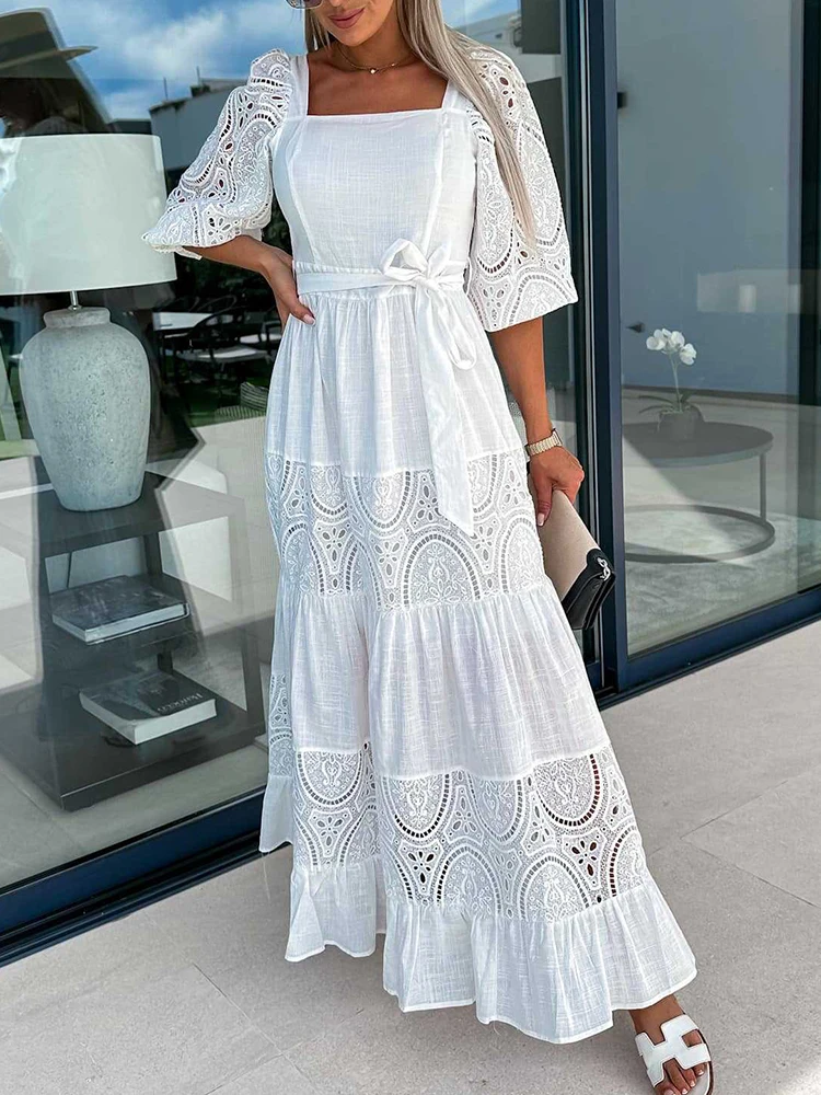 Chicheca Lace Embroidery Women Summer Dress Casual Maxi Long White Vestidos Half Sleeve Belt Holiday Beach Dress Sundress 2023
Chicheca Lace Embroidery Women Summer Dress Casual Maxi Long White Vestidos Half Sleeve Belt Holiday Beach Dress Sundress 2023