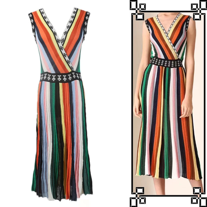 European And American Spring Summer New Female Pullover Color Vertical Stripe Medium Long Slim Knit Vest Large Swing Dress
European And American Spring Summer New Female Pullover Color Vertical Stripe Medium Long Slim Knit Vest Large Swing Dress