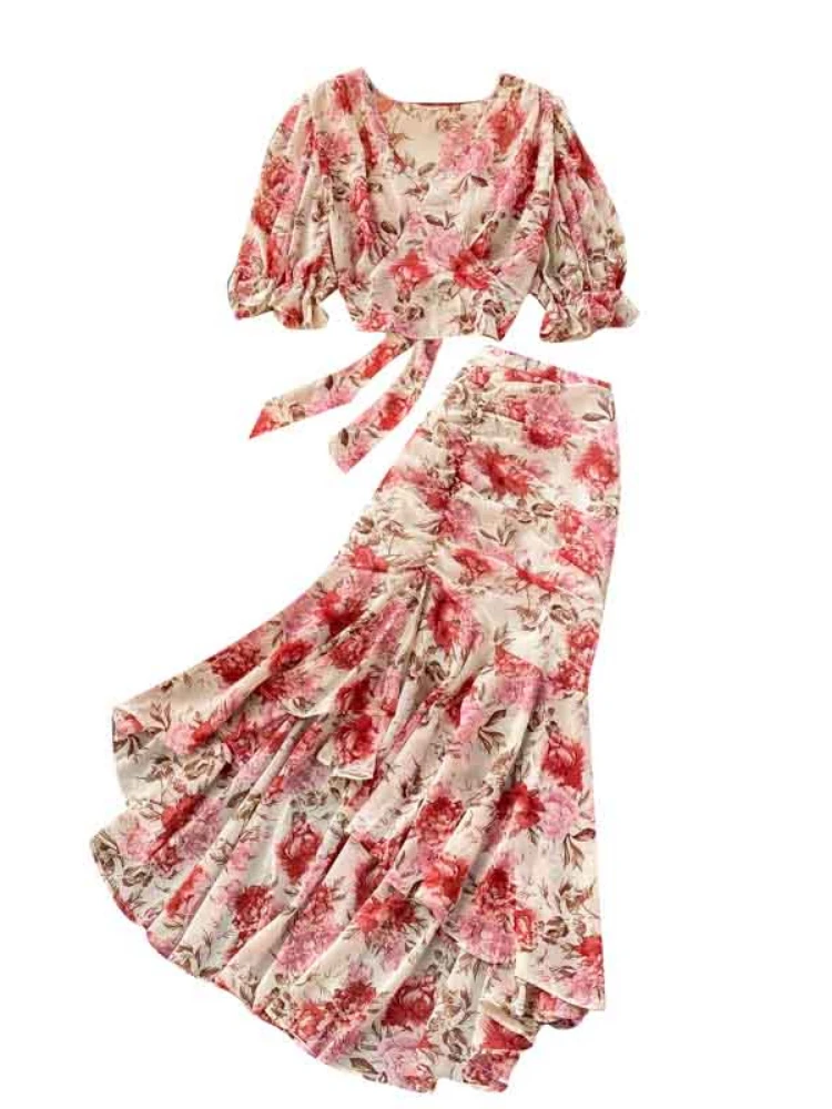 Women Dress Sets Bohemian Floral Print Chiffon 2pcs Set Summer Bandage Short Tops + High Waist Mermaid Skirt Clothes
Women Dress Sets Bohemian Floral Print Chiffon 2pcs Set Summer Bandage Short Tops + High Waist Mermaid Skirt Clothes