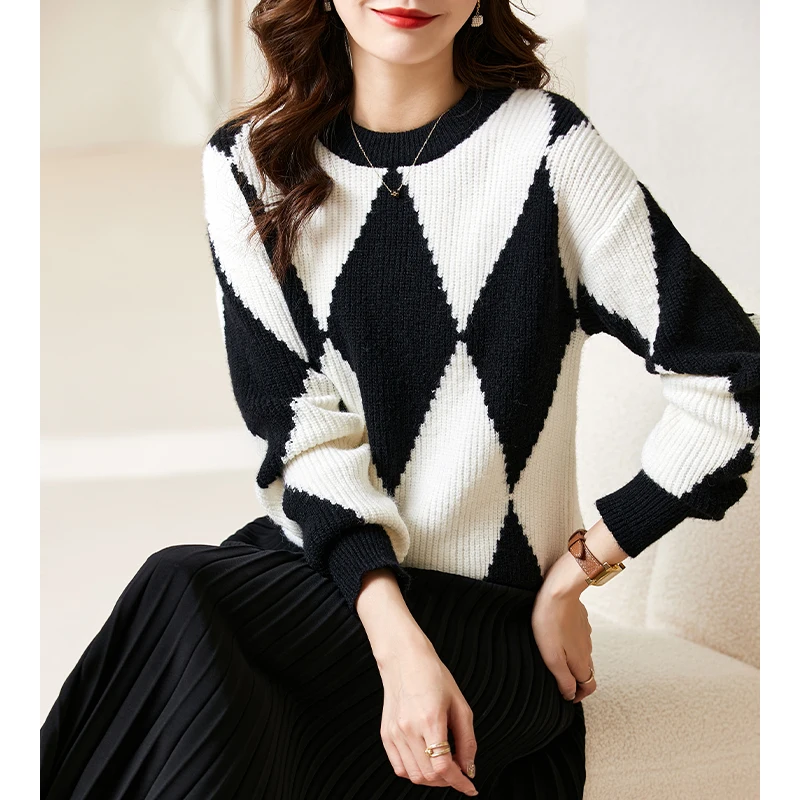 Vimly Pullover O Neck Sweater for Women Fashion Thick Black White Geometric Loose Long Sleeve Top Knitwears Winter Clothes 71223
Vimly Pullover O Neck Sweater for Women Fashion Thick Black White Geometric Loose Long Sleeve Top Knitwears Winter Clothes 71223