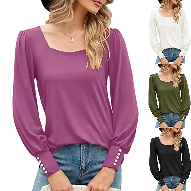 Women's 2022 autumn and winter new solid color square collar button bubble long-sleeved T-shirt bottoming shirt
Women's 2022 autumn and winter new solid color square collar button bubble long-sleeved T-shirt bottoming shirt