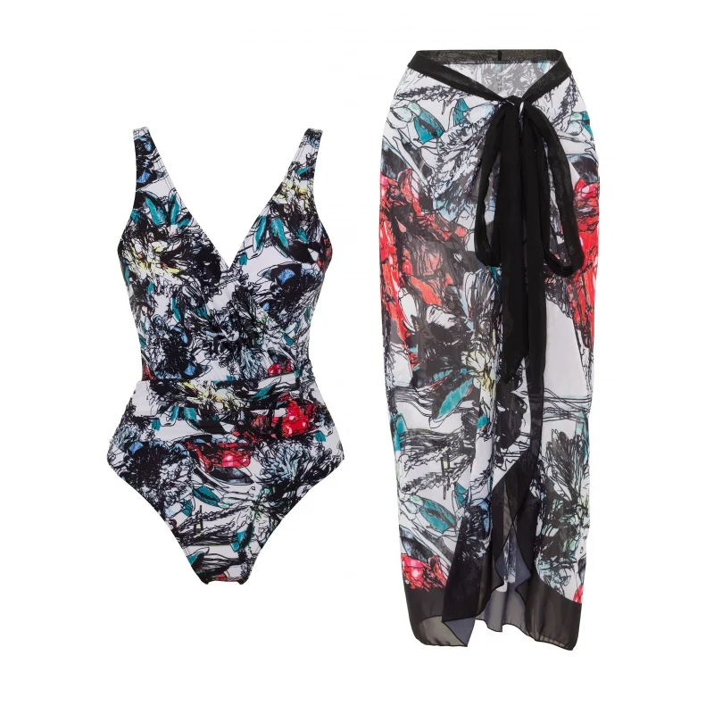 Купальник из двух частей с тропическим принтом, купальник с V-образным вырезом и высоким вырезом, закрывающий купальник, женская одежда для плавания