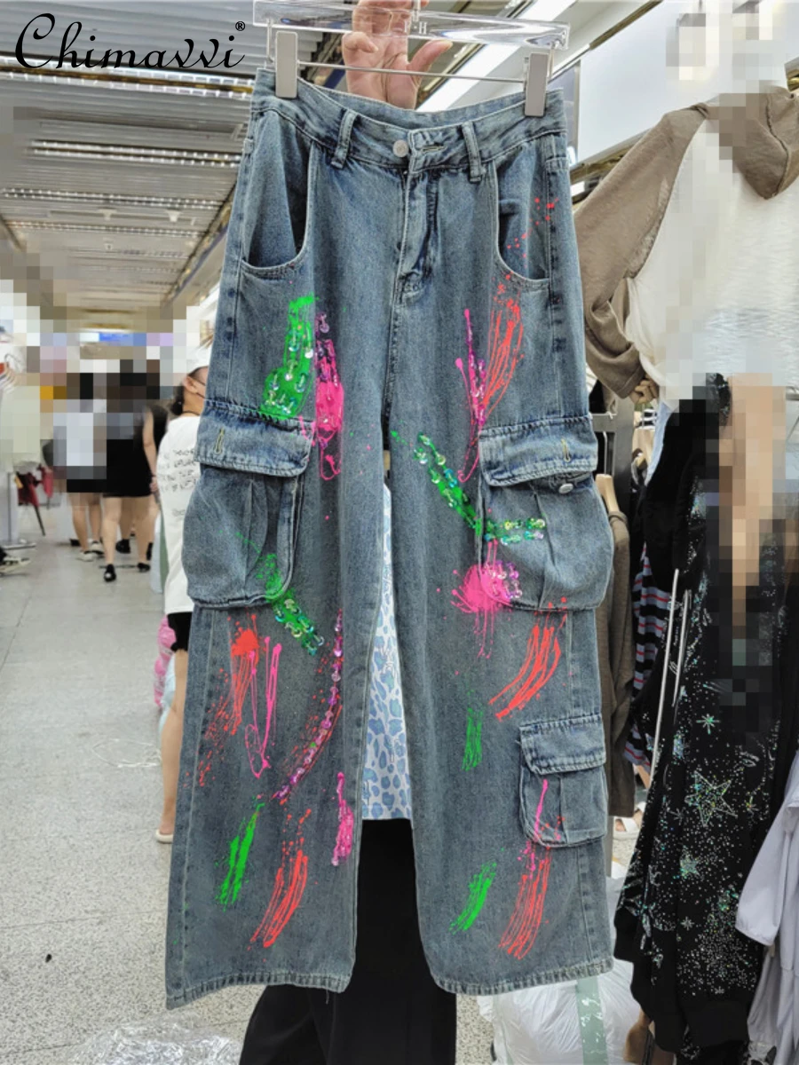 Heavy Beads Hand-Painted Korean Style Multi-Pocket Workwear Jeans Women's Autumn Wide-Leg Straight Pants High Waist Denim Pants
Heavy Beads Hand-Painted Korean Style Multi-Pocket Workwear Jeans Women's Autumn Wide-Leg Straight Pants High Waist Denim Pants