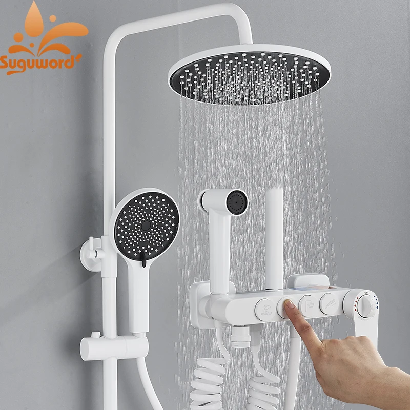 White Thermostatic Shower Faucet Set 4 Fubction Brass Wall Mounted with Sprayer Rack Cold Hot Water Mixer Bathroom Crane
White Thermostatic Shower Faucet Set 4 Fubction Brass Wall Mounted with Sprayer Rack Cold Hot Water Mixer Bathroom Crane