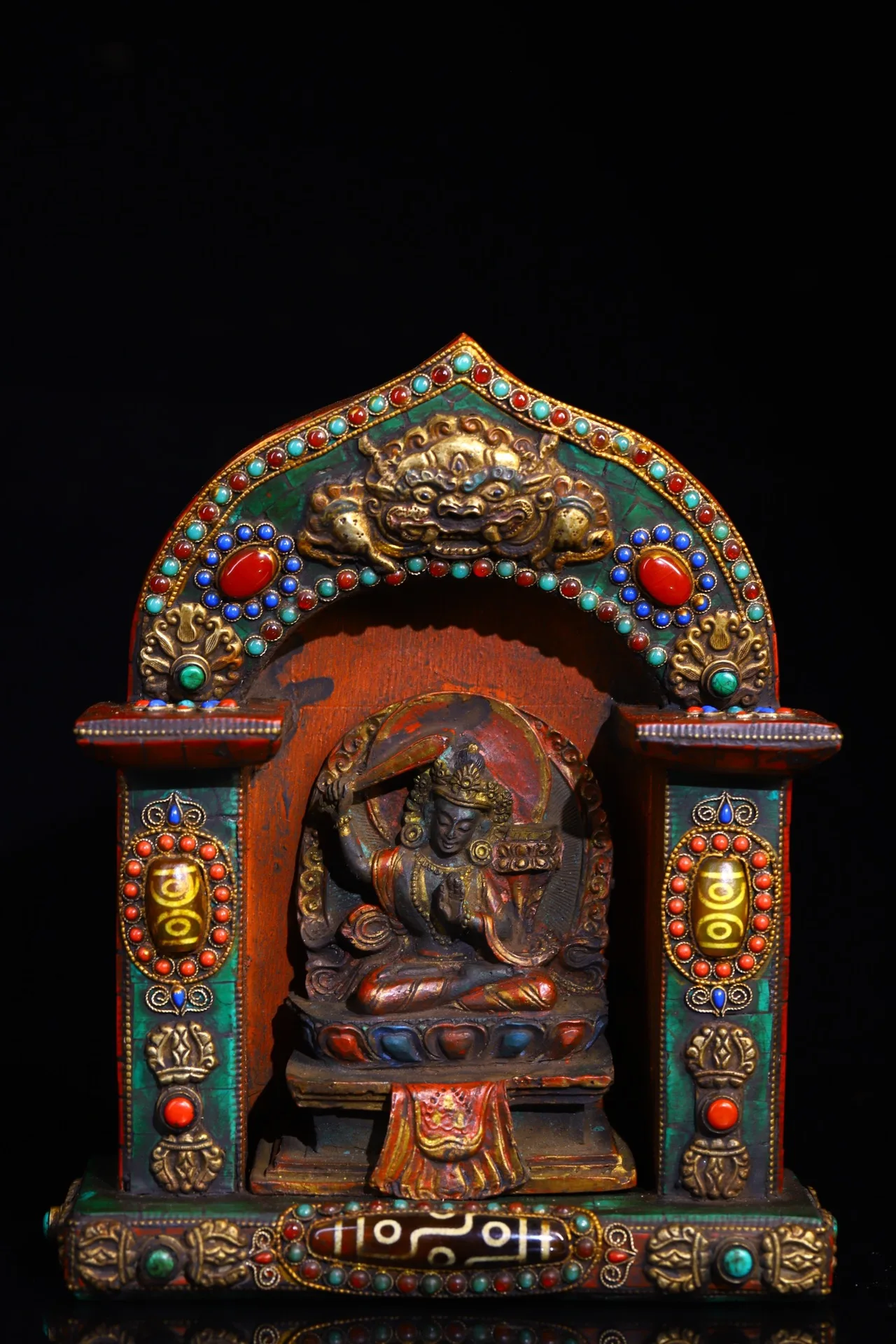 9"Tibet Temple Collection Old Bronze Painted Mosaic Gem gZi Beads Turquoise Manjushri Bodhisattva Buddhist Niche Worship Hall
9"Tibet Temple Collection Old Bronze Painted Mosaic Gem gZi Beads Turquoise Manjushri Bodhisattva Buddhist Niche Worship Hall