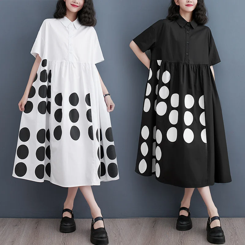 

#3997 Black White Polka Dot Printed Shirt Dress Polo Neck Loose Split Joint Vintage Office A-line Midi Dress Short Sleeve Summer