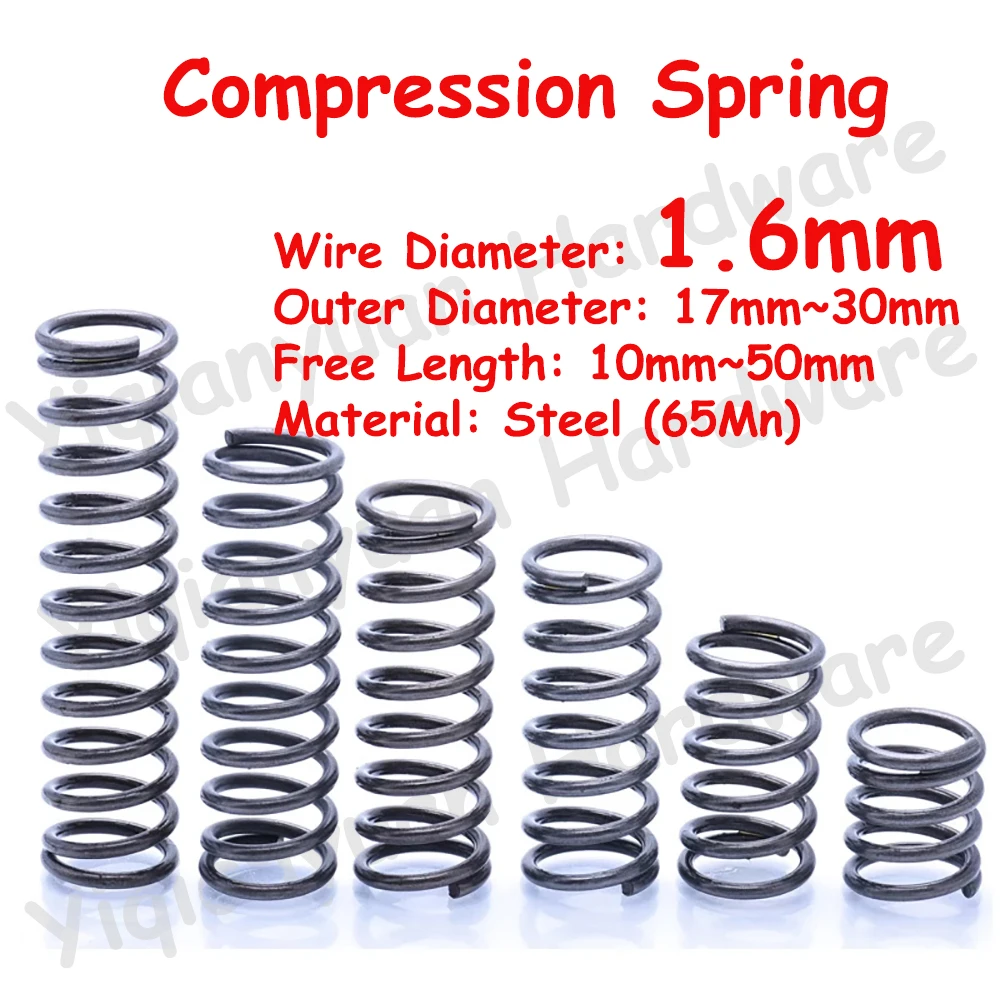 

10Pcs Wire Diameter φ1.6mm 65Mn OD17mm~30mm Cylidrical Coil Compression Spring Rotor Return Compressed Spring Release Pressure