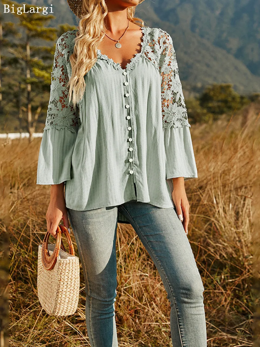 Long Sleeve Lace Blouse Women Hollow Out Flare Ladies Tops Loose Casual Woman Shirt Blusas Summer Female Women Shirts 2022
Long Sleeve Lace Blouse Women Hollow Out Flare Ladies Tops Loose Casual Woman Shirt Blusas Summer Female Women Shirts 2022