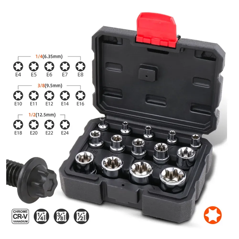 Набор торцевых головок E-TORX Star 14 шт., E4-E24, 1/4", 3/8", 1/2"
Набор торцевых головок E-TORX Star 14 шт., E4-E24, 1/4", 3/8", 1/2"