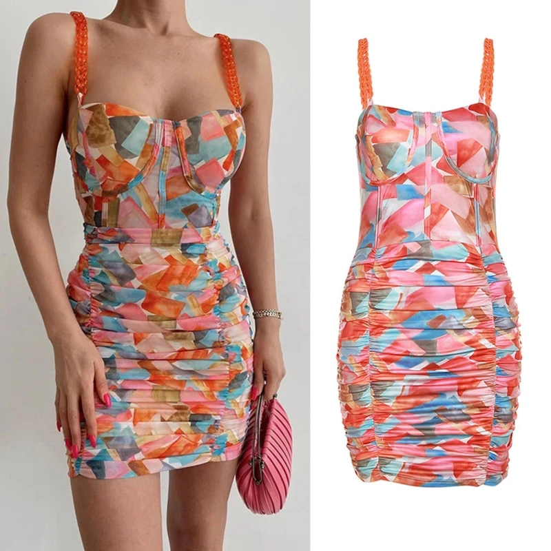 Women Sleeveless Chain Strap Mini Bodycon Dress Vintage Colorful Geometric Pattern Pleated Ruched Package Hip Clubwear
Women Sleeveless Chain Strap Mini Bodycon Dress Vintage Colorful Geometric Pattern Pleated Ruched Package Hip Clubwear
