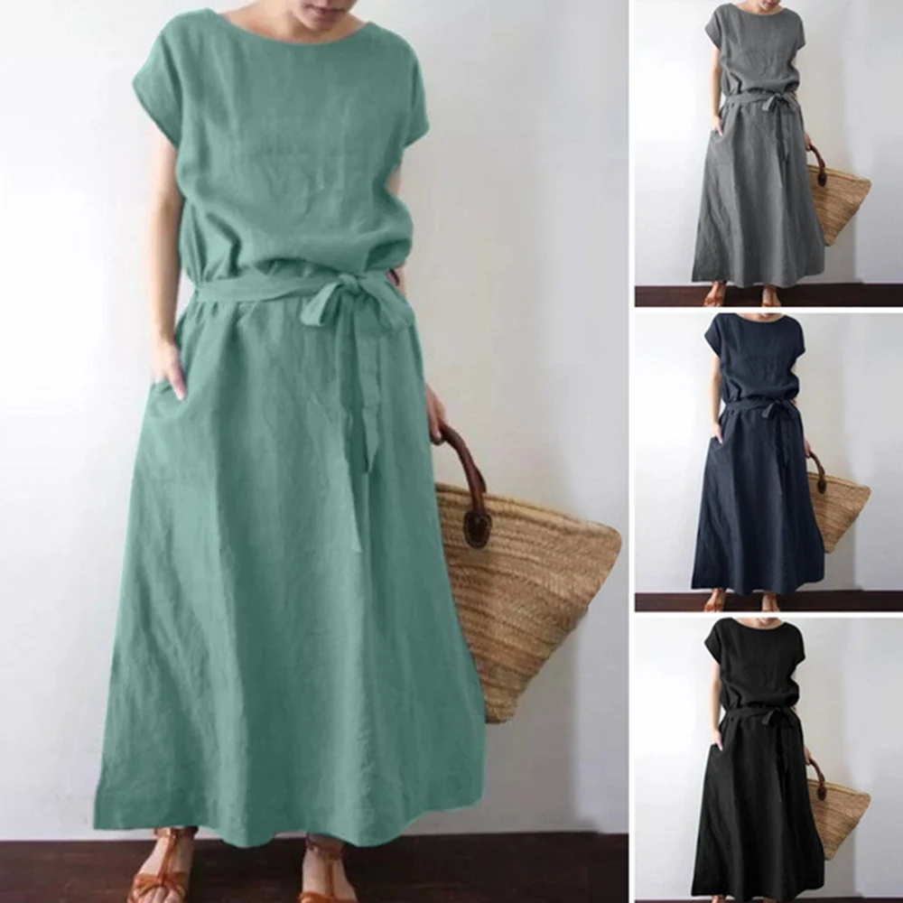 European American Women's Fashion Casual Loose Bohemian Short Sleeved Round Neck Solid Color Cotton Linen Waistband Long Dress
European American Women's Fashion Casual Loose Bohemian Short Sleeved Round Neck Solid Color Cotton Linen Waistband Long Dress