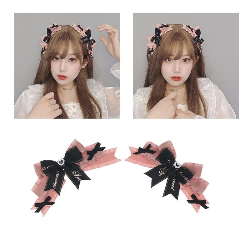 

2x Gothic Dark Hair Clip Girls Barrettes Bowknot Bowtie Pink+Black Hair Clip Set Gothic Bows Versatile Barrettes