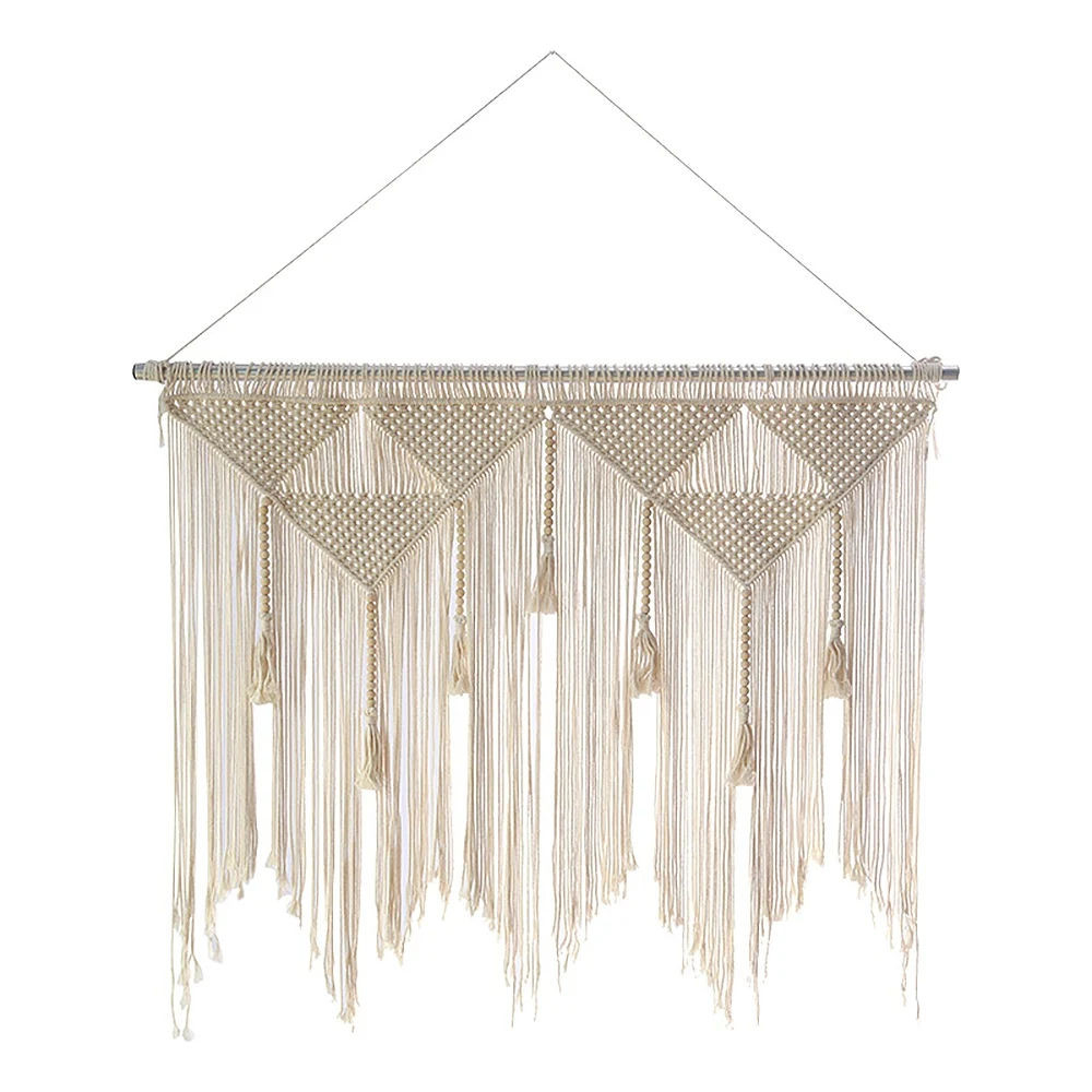 

Macrame Wall Hanging Boho Woven Tapestry Beige White Tassel Decor Curtain for Home Backdrop (Wood Stick Not Included)
