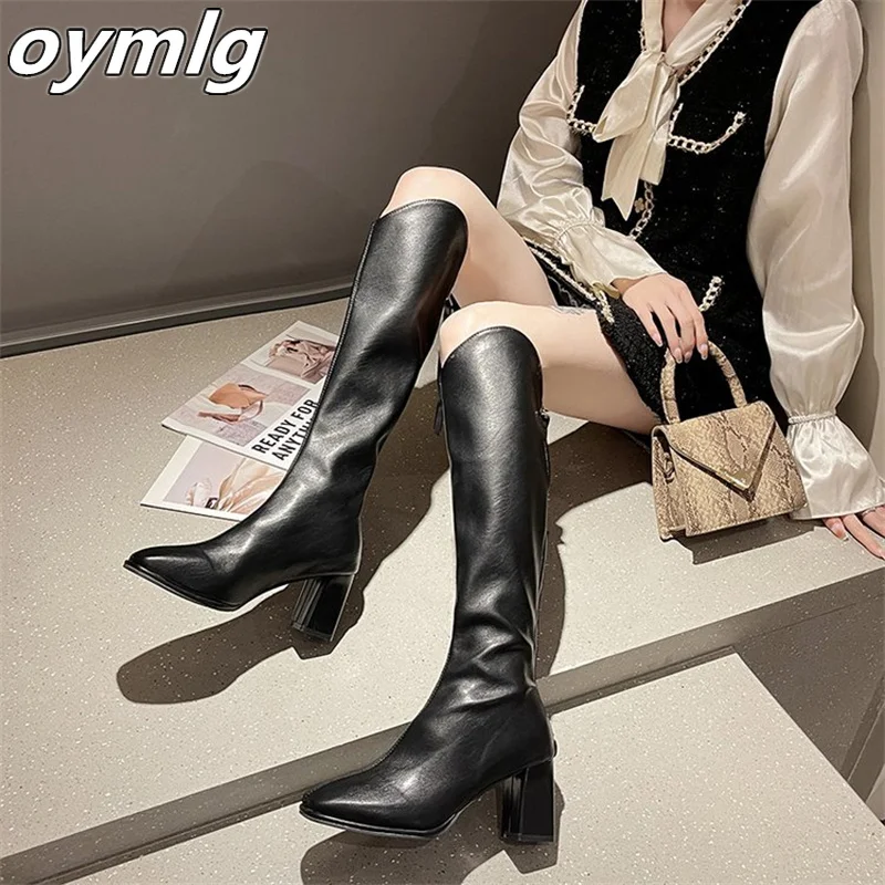 

Net red square toe boots women's soft leather thick heels skinny knight boots fashion all-match tall but knee boots