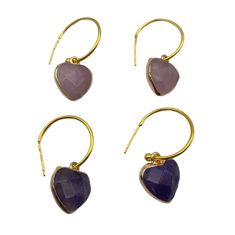 

Women Love Heart Stone Earrings Polished Faceted Healing Crystal Drop Dangle Brass Fishhook Earrings