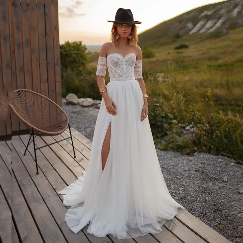 Boho Sweetheart Wedding Gown 2022 Front Split Lace Tulle Short Sleeves Sweep Train Backless Bridal Dresses New Arrival Beach
Boho Sweetheart Wedding Gown 2022 Front Split Lace Tulle Short Sleeves Sweep Train Backless Bridal Dresses New Arrival Beach