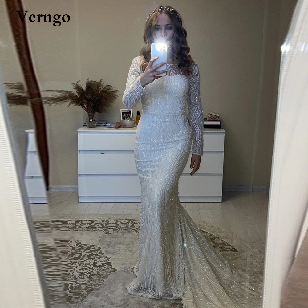 Verngo Sparkly Glitter Lace Mermaid Long Sleeves Wedding Dresses Jewel Neck Sweep Train Modest Bridal Gowns Robe de mariage
Verngo Sparkly Glitter Lace Mermaid Long Sleeves Wedding Dresses Jewel Neck Sweep Train Modest Bridal Gowns Robe de mariage