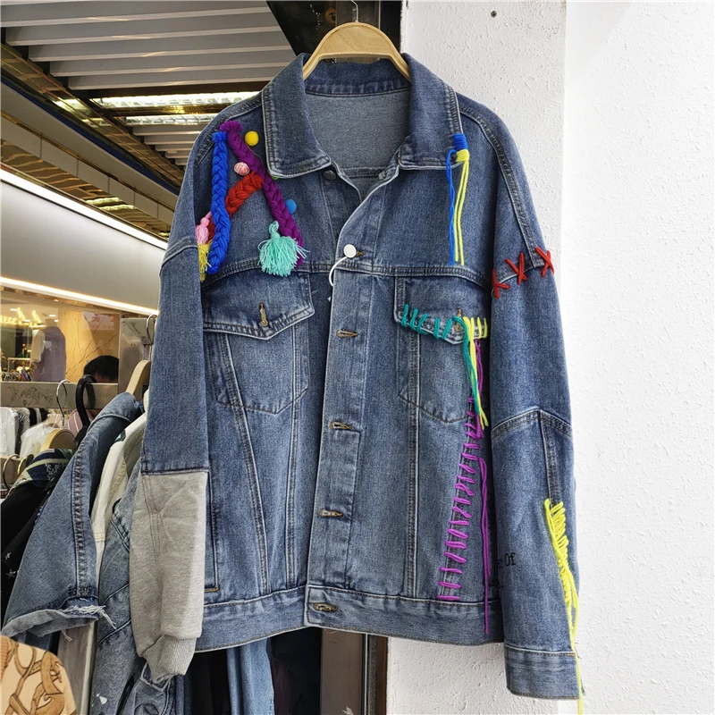 Harajuku Vintage Long Sleeve Patchwork Blue Jeans Jacket Tassel Spring Single Breasted Casual Letter Print Female Denim Outwear
Harajuku Vintage Long Sleeve Patchwork Blue Jeans Jacket Tassel Spring Single Breasted Casual Letter Print Female Denim Outwear