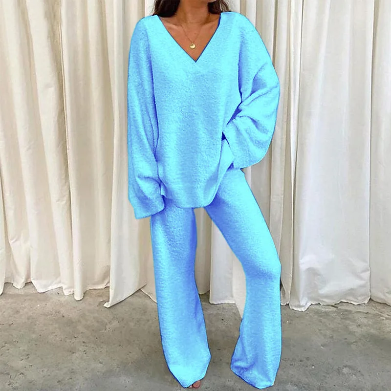 Women sexy V neck set Winter Soft Fleece Loose homewear two piece set Lady Autumn solid color wide leg pants tracksuit set
Women sexy V neck set Winter Soft Fleece Loose homewear two piece set Lady Autumn solid color wide leg pants tracksuit set
