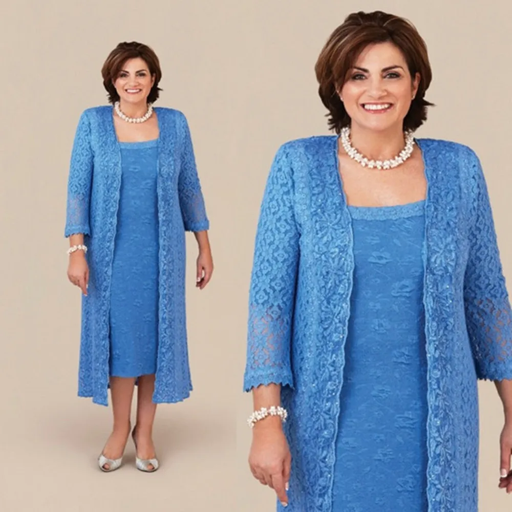 Plus Size Blue Lace Mother Of The Bride Dresses With Long Jacket 2 Pieces Women Tea Length Long Sleeve Wedding Guest Dress
Plus Size Blue Lace Mother Of The Bride Dresses With Long Jacket 2 Pieces Women Tea Length Long Sleeve Wedding Guest Dress