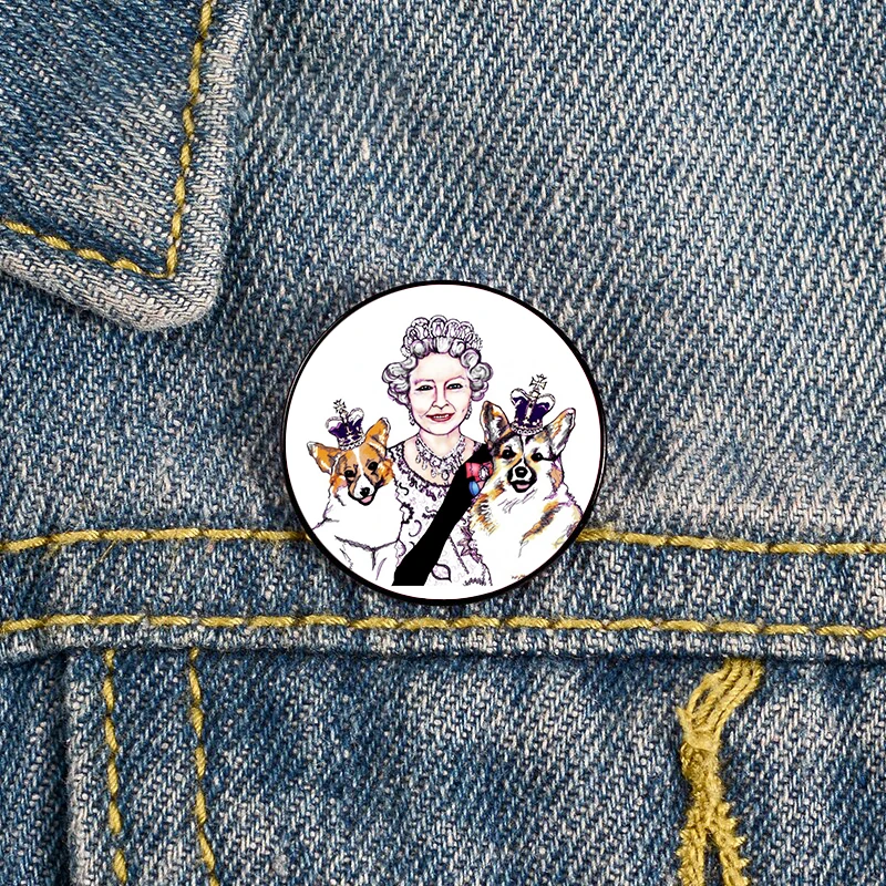 Queen Elizabeth II Empire with the royal corgis Pin Custom England vintage Brooches Shirt Lapel Bag pins for Lover Girl Friends
Queen Elizabeth II Empire with the royal corgis Pin Custom England vintage Brooches Shirt Lapel Bag pins for Lover Girl Friends