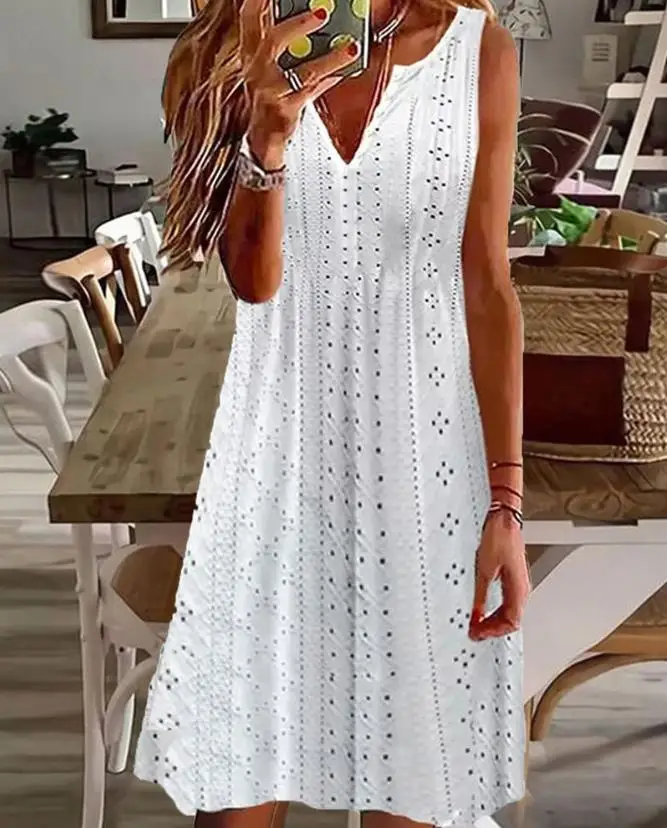 

White Dress for Women Embroidery Casual Mini Dress Notch Neck Eyelet Sleeveless 2023 Summer Fashion Women's A Line Dresses