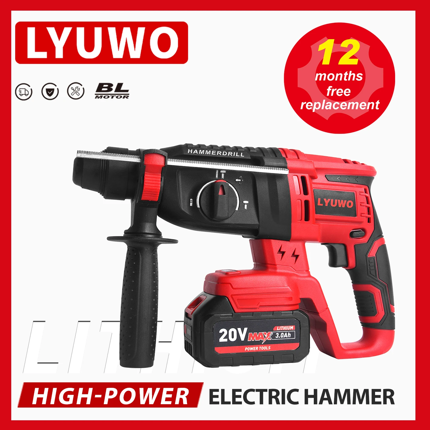 20V Electric Impact Drill Rotary Hammer Brushless Motor Cordless Hammer Electric Drill Electric Pick for Switch Freely
20V Electric Impact Drill Rotary Hammer Brushless Motor Cordless Hammer Electric Drill Electric Pick for Switch Freely