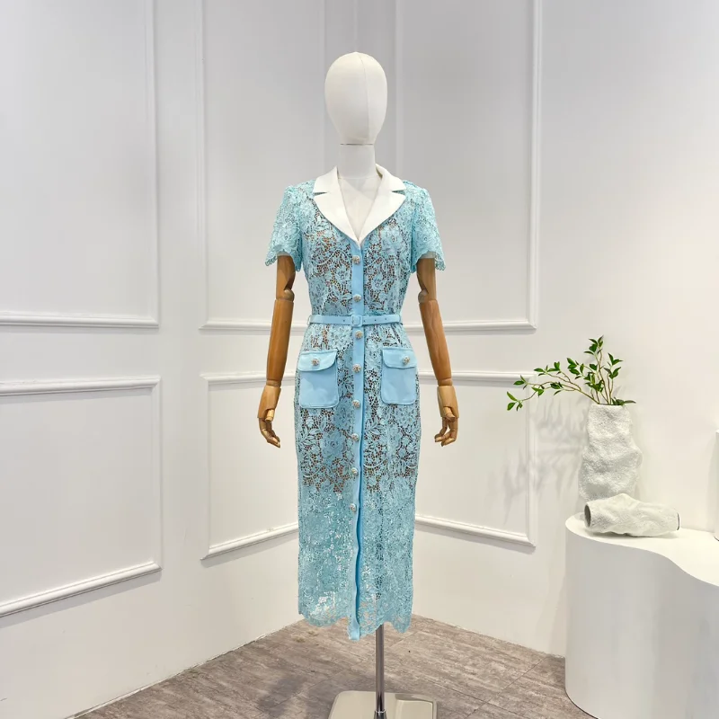 New Blue Spring Summer High Quality 2023 Vintage Hook Flower Hollow Belt Short Sleeve Sexy Bodycon Woman Dress
New Blue Spring Summer High Quality 2023 Vintage Hook Flower Hollow Belt Short Sleeve Sexy Bodycon Woman Dress