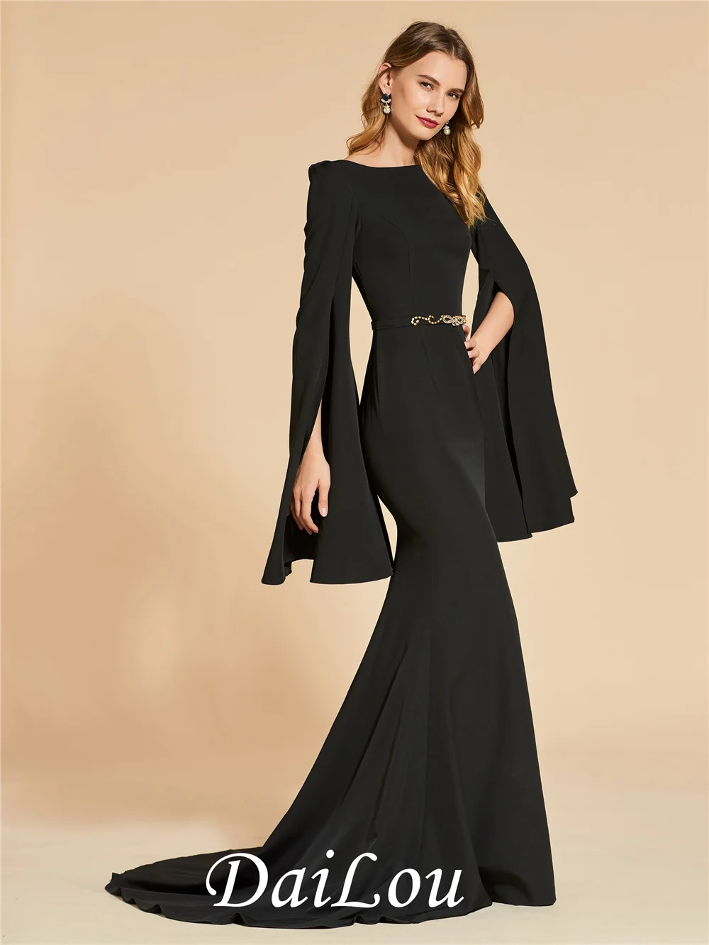 Sweep/Brush Floor-Length Beading Mermaid Bateau Neck Black Evening Dress with Long Sleeves Backless 2022
Sweep/Brush Floor-Length Beading Mermaid Bateau Neck Black Evening Dress with Long Sleeves Backless 2022