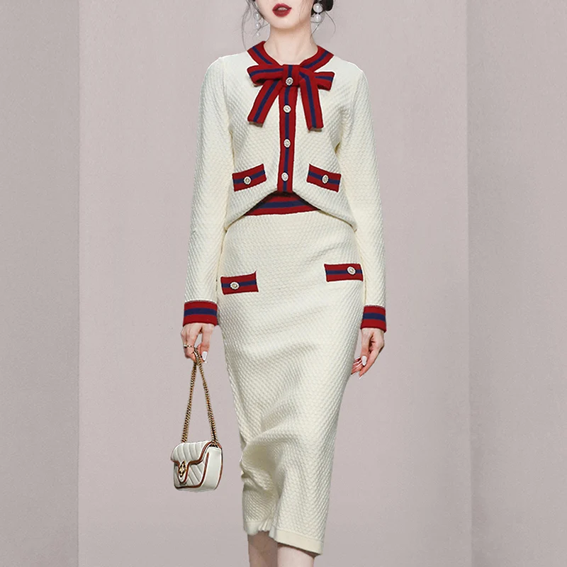 Autumn Winter Vintage Two Piece Sets High Quality Women Outfits Elegant Bowknot Jacket Top + High Waist Midi Skirt
Autumn Winter Vintage Two Piece Sets High Quality Women Outfits Elegant Bowknot Jacket Top + High Waist Midi Skirt